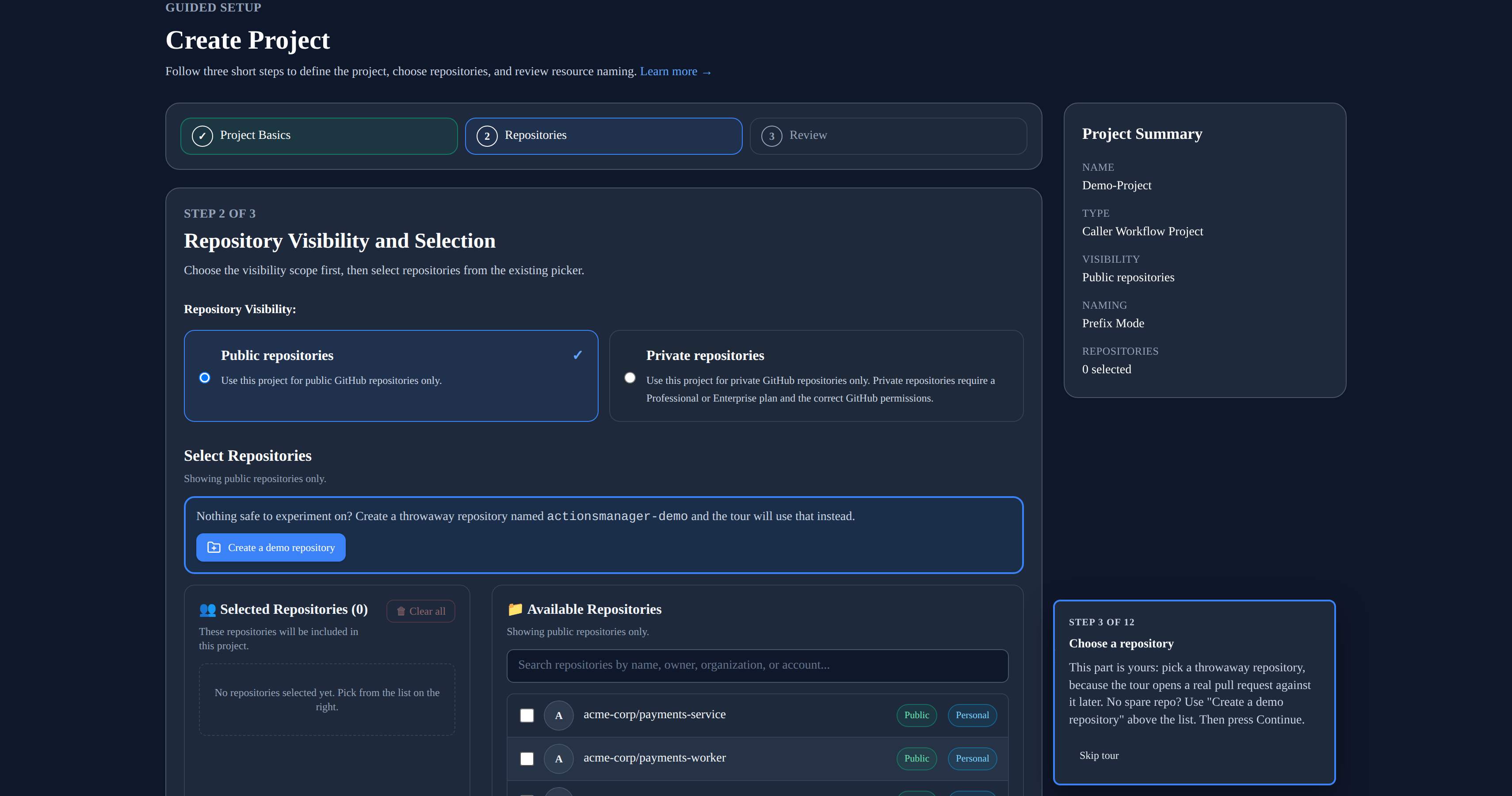 Repository step with the Create a demo repository option above the repository list