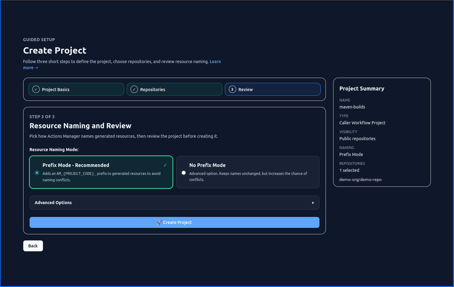 Create Project — Resource Naming and Review showing Prefix Mode vs No Prefix Mode toggle and final project summary