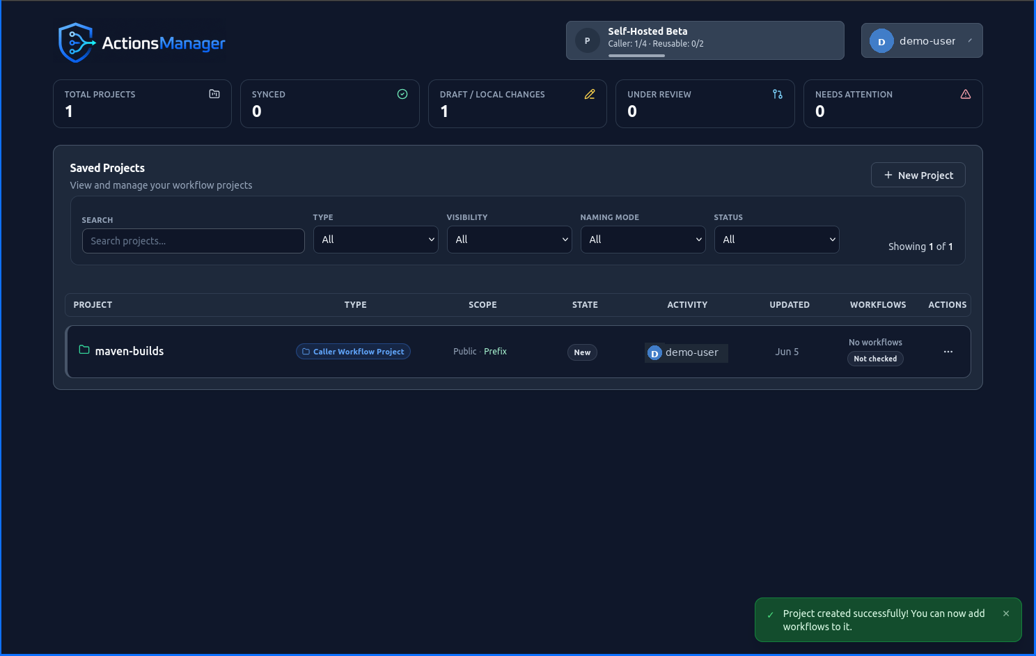 Saved Projects dashboard showing the newly created project in the project list with its identity color and type badge