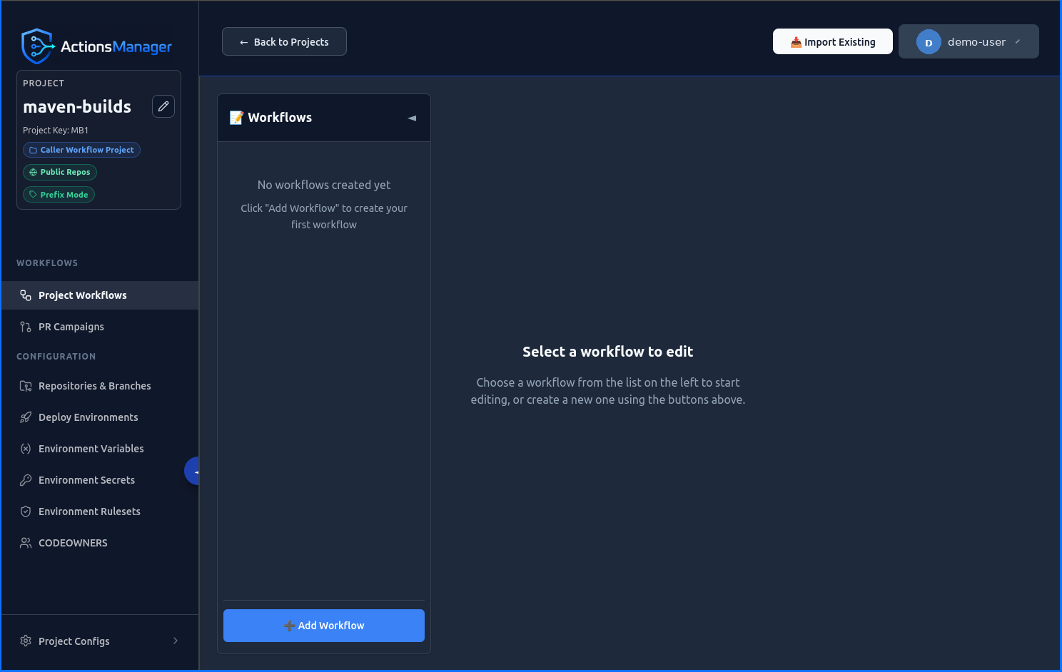 Project workspace showing the project sidebar and the empty workflow state