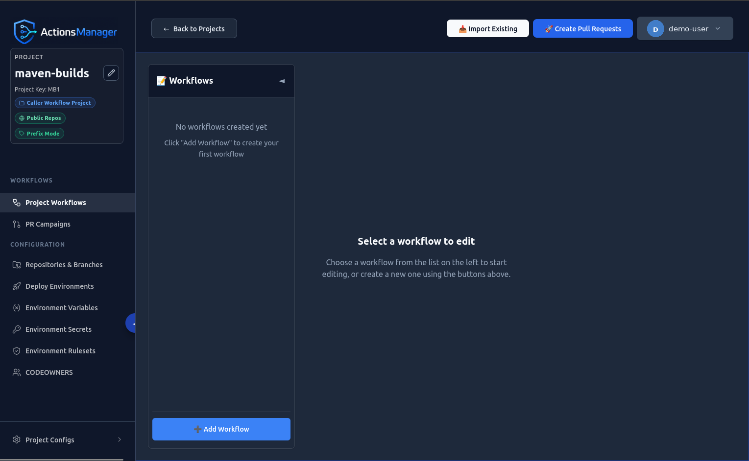 Project workspace showing the Import Existing, Create Pull Requests, and Add Workflow action buttons