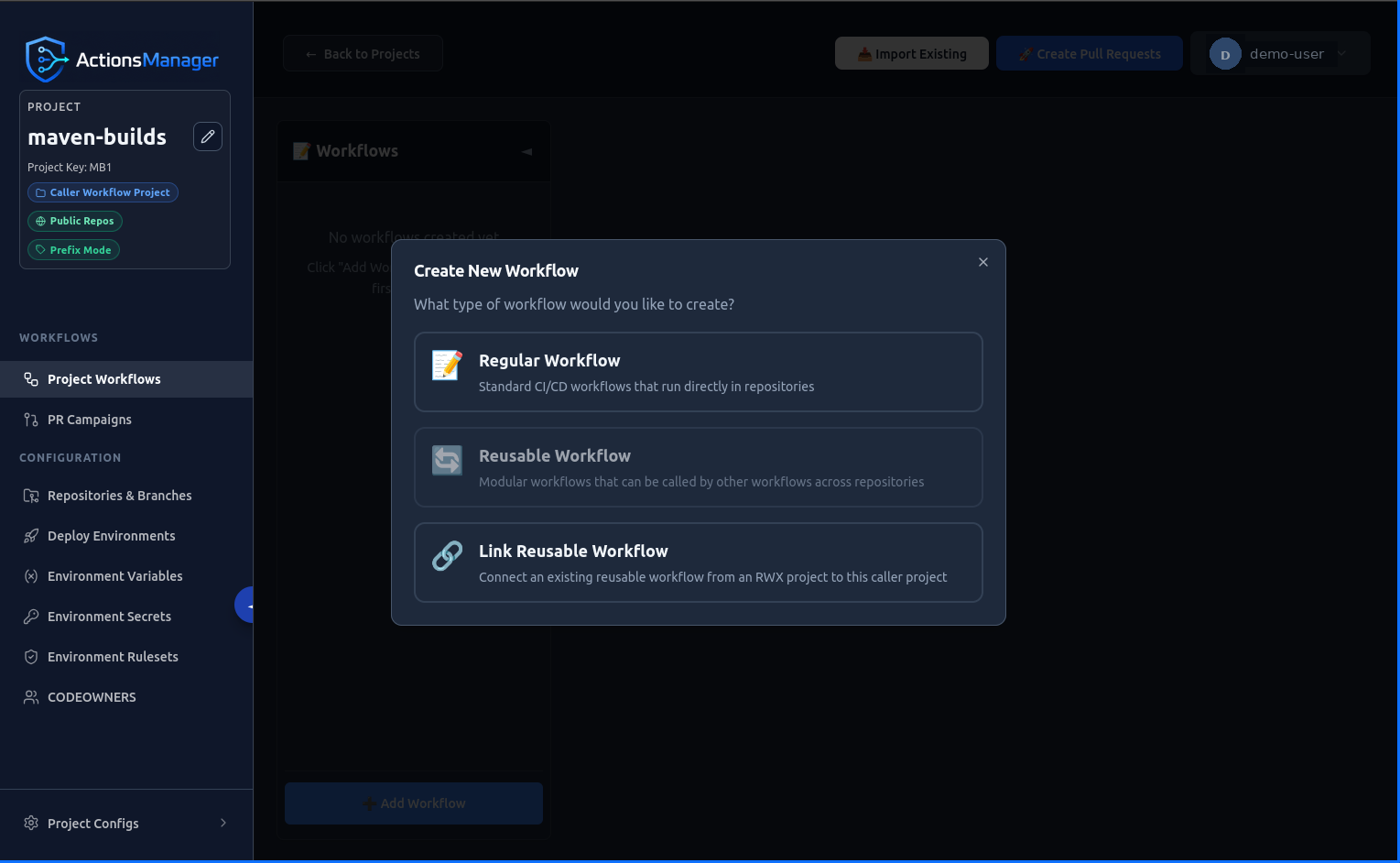 Create New Workflow modal showing Regular Workflow, Reusable Workflow, and Link Reusable Workflow options