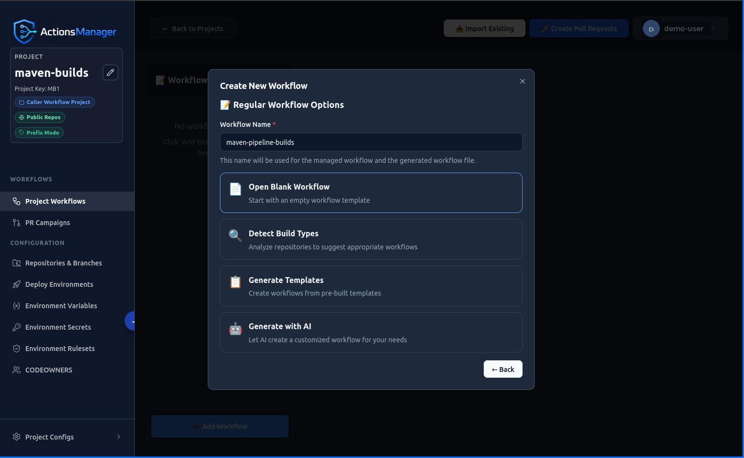 Regular Workflow Options modal showing workflow name entry and options: Open Blank Workflow, Detect Build Types, Generate Templates, and Generate with AI