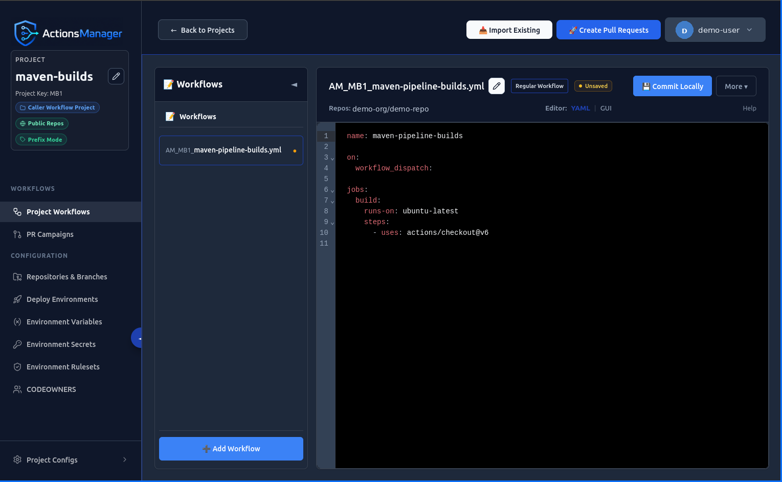 Workflow editor showing the generated prefix workflow filename, selected repository, YAML editor, Unsaved state indicator, and Commit Locally button