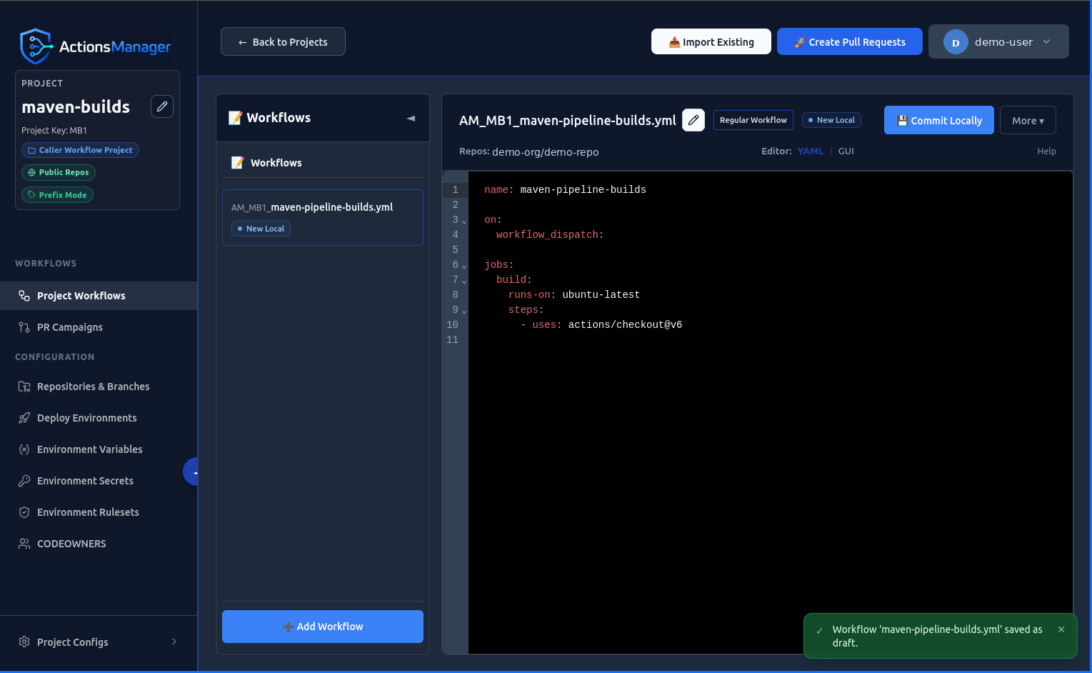 Workflow editor showing the New Local status badge and a toast notification confirming the workflow was saved as a local draft