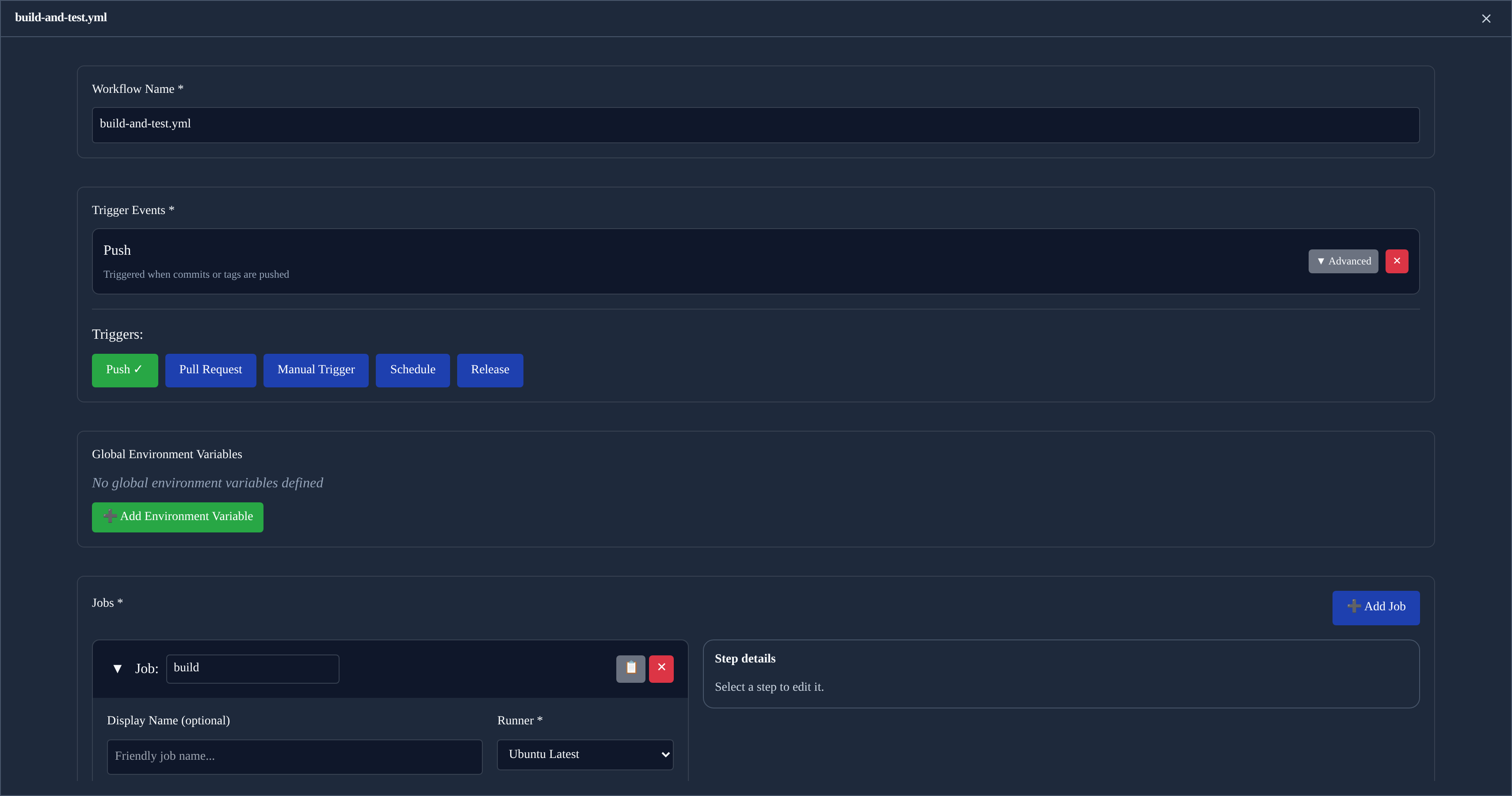 The workflow editor expanded to full screen in GUI mode, showing the workflow name, trigger events, and the job list beside the step details panel
