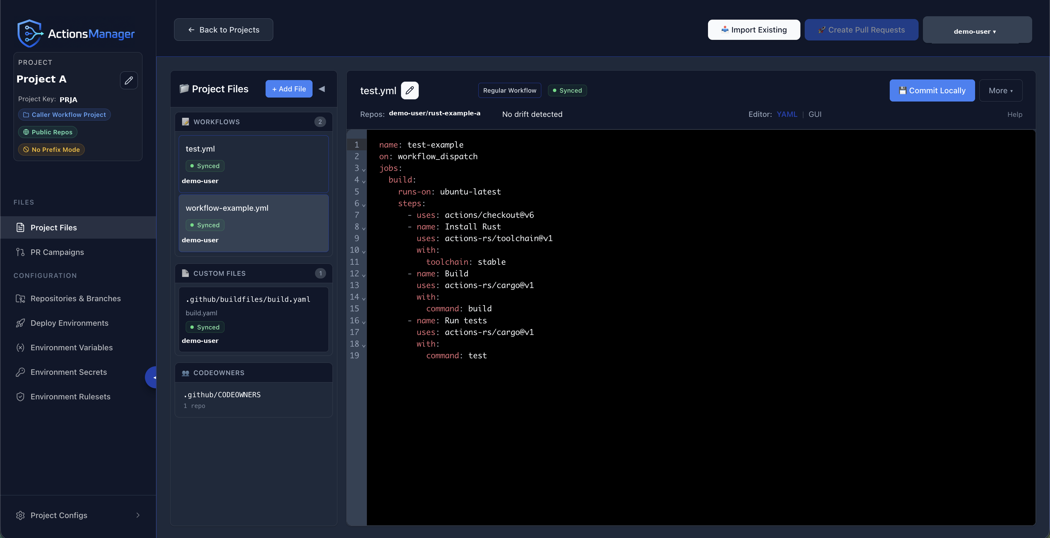 Workflow page view showing the project file browser and YAML editor